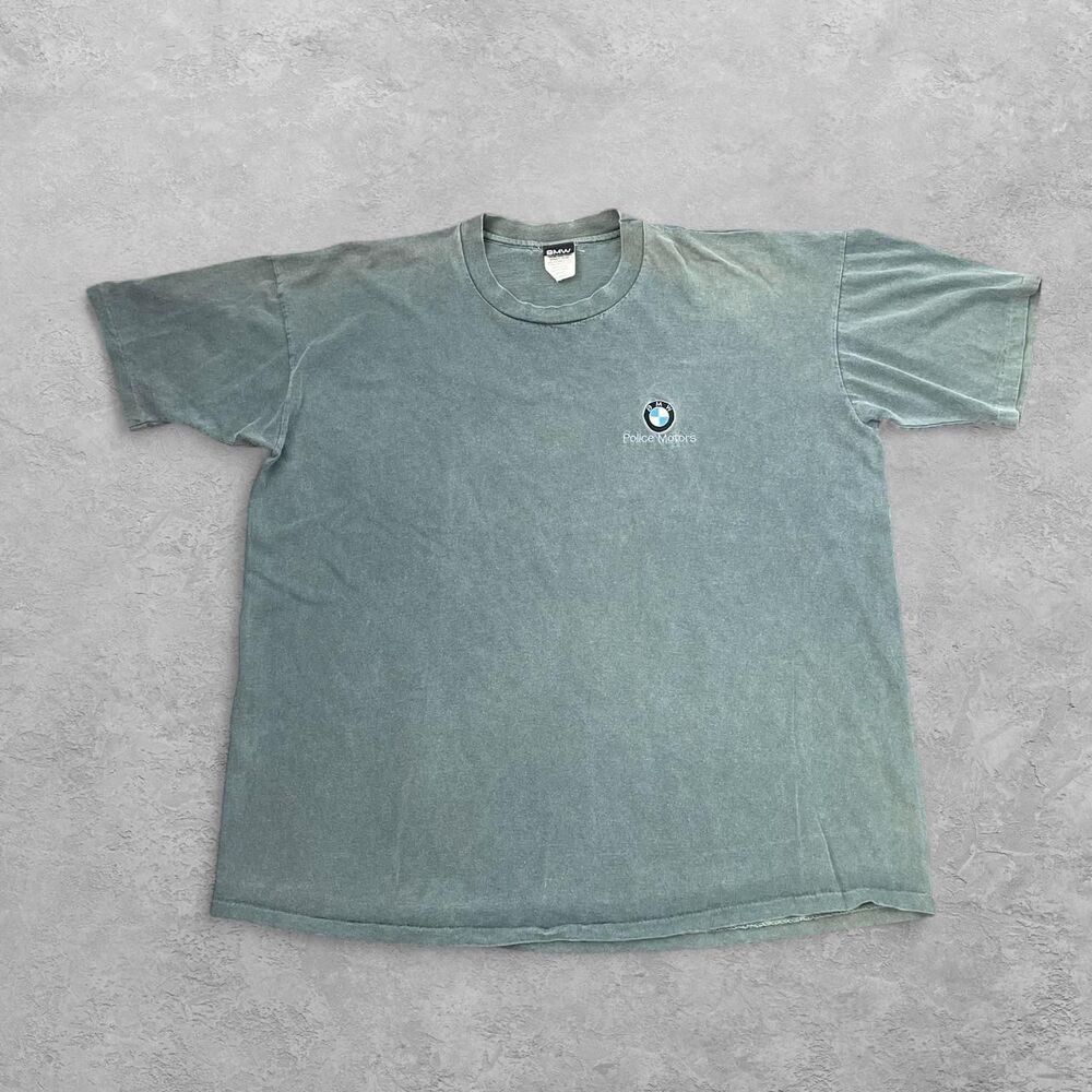 Vintage Single Stitch BMW Police Motors T-Shirt XXL Faded Green Embroidered Logo